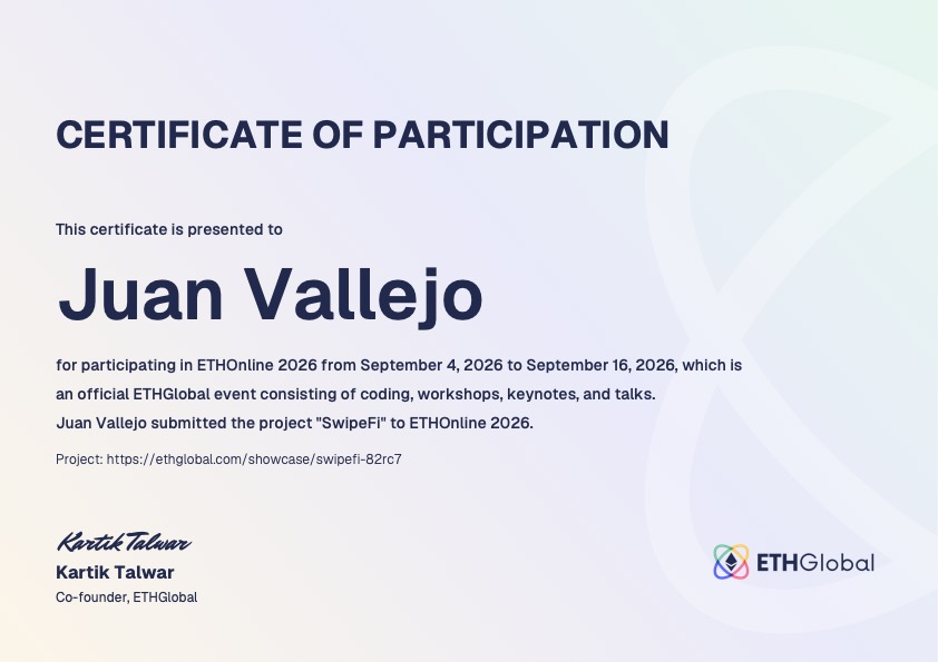 ETHGlobal ETHOnline 2026 certificate